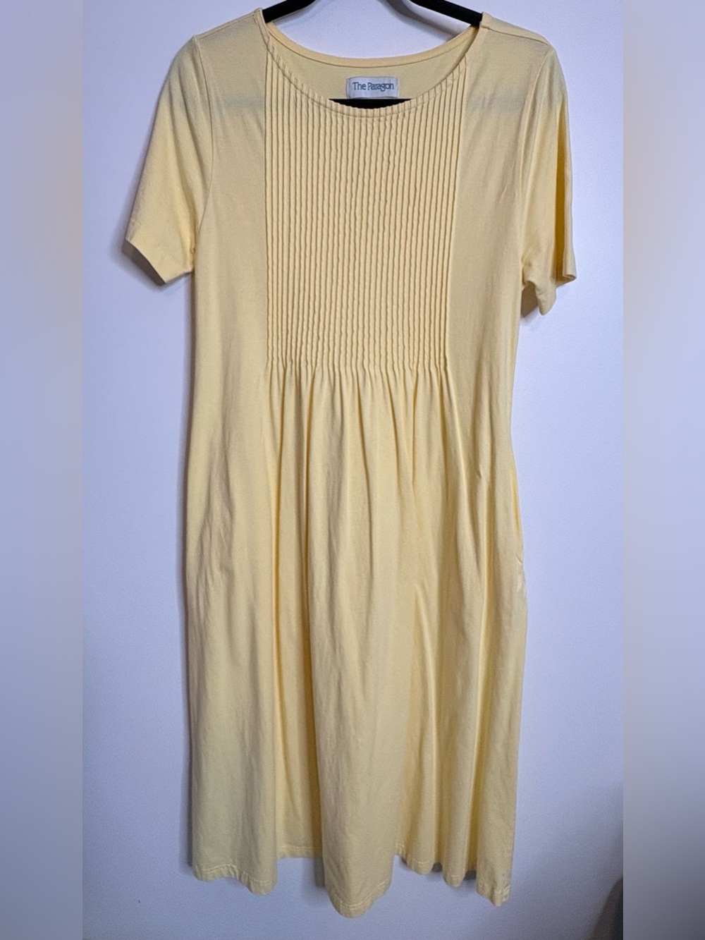 PARAGON Pale Yellow Short-Sleeve Smocked Casual Dress Size M-L Midi Pockets